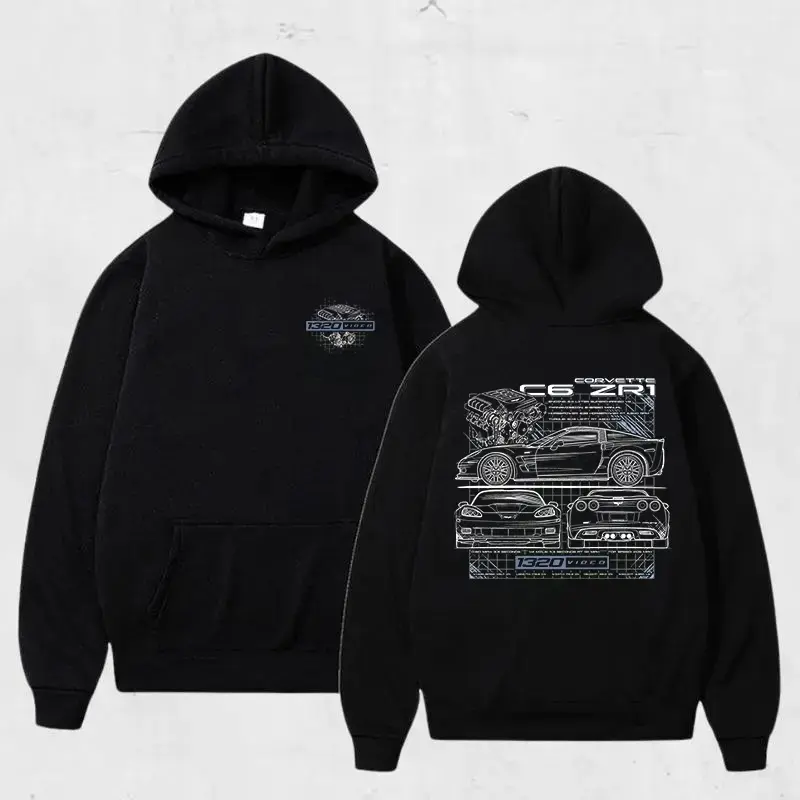 C6 ZR1 Blueprint Hoodie – Corvette Engine & Chassis Line Art for Car Enthusiasts, Performance Racing Style, Unisex Menswear Auto Hoodie