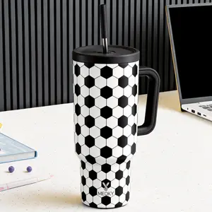 MEOKY 40oz Soccer Ball Tumbler, Hot Water Mug,Stainless Steel Insulated Cup, Keeps Hot & Cold, Food Safe, Non-Slip Base, Car-Cup Fit, Easy Clean, Soccer Fan Gift
