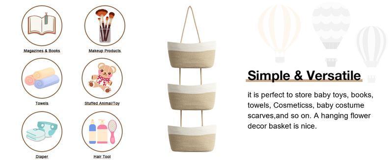 Decorative 3-Tier hanging organizer bag, natural rattan over the door basket – large woven cotton wall-mounted storage, nursery & fall room decor, suitable for renters maximizing space plant hangable laundry basket house organizers