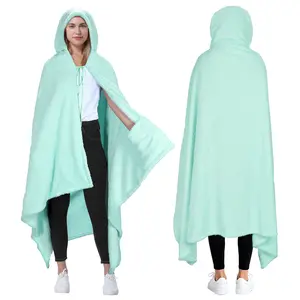 Catalonia Hooded Blanket Poncho | Wearable Blanket Wrap with Hand Pockets | Comfy Sherpa Fleece Throw Cape for Children and Adults, Women Gift Aque