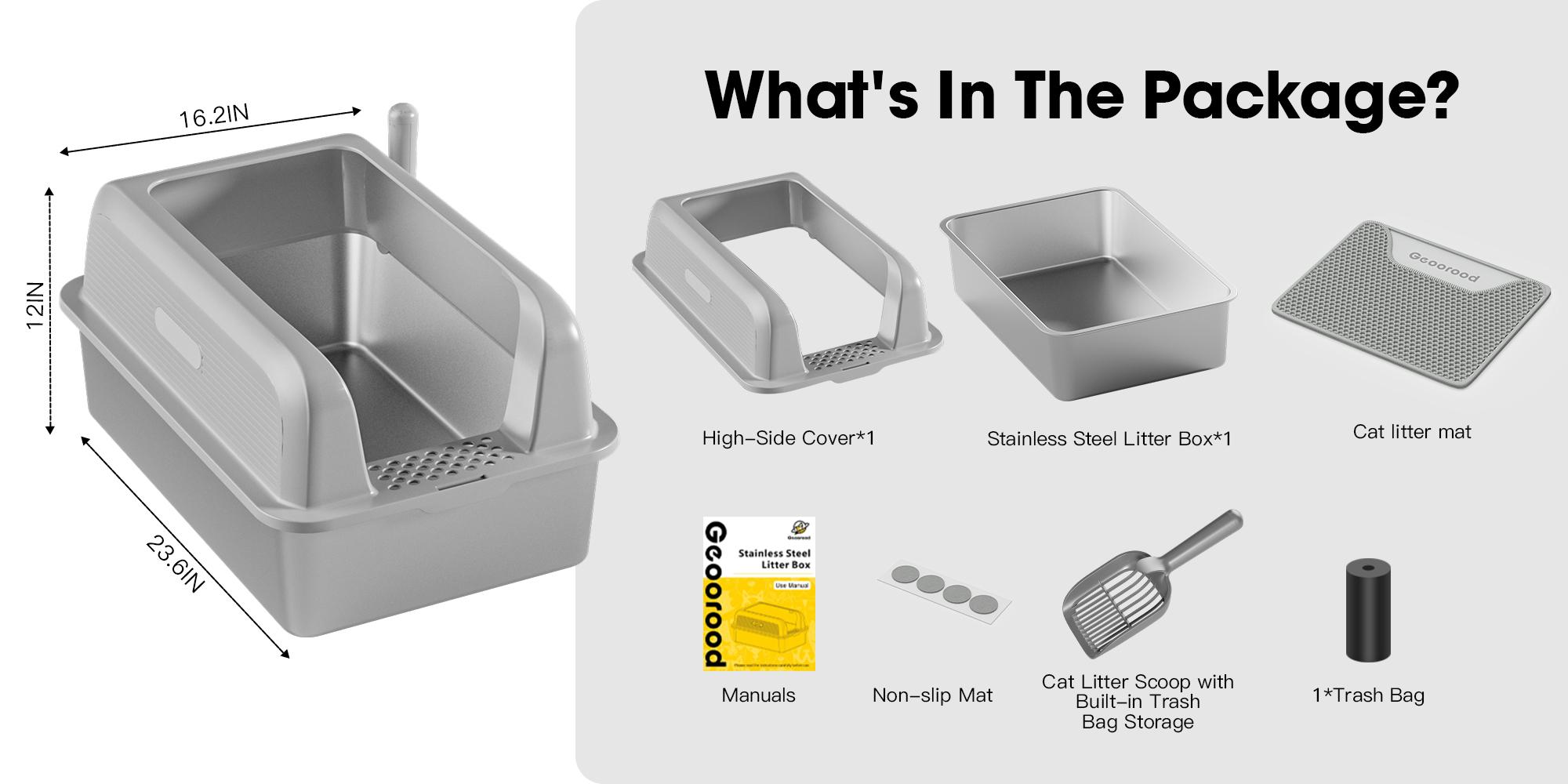 【Geoorood】Geoorood XXL Cat Litter Box Stainless Steel 20L with Lid,  XL Large Metal Litter Box High Sided Design,Anti-Urine Leakage, Include Cat Mat & Litter Scoop, Never Absorbs Odors, Easy Cleaning, Non-Sticky#February Stock Up
