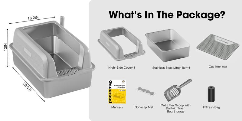 【Geoorood】Geoorood XXL Cat Litter Box Stainless Steel 20L with Lid,  XL Large Metal Litter Box High Sided Design,Anti-Urine Leakage, Include Cat Mat & Litter Scoop, Never Absorbs Odors, Easy Cleaning, Non-Sticky#February Stock Up