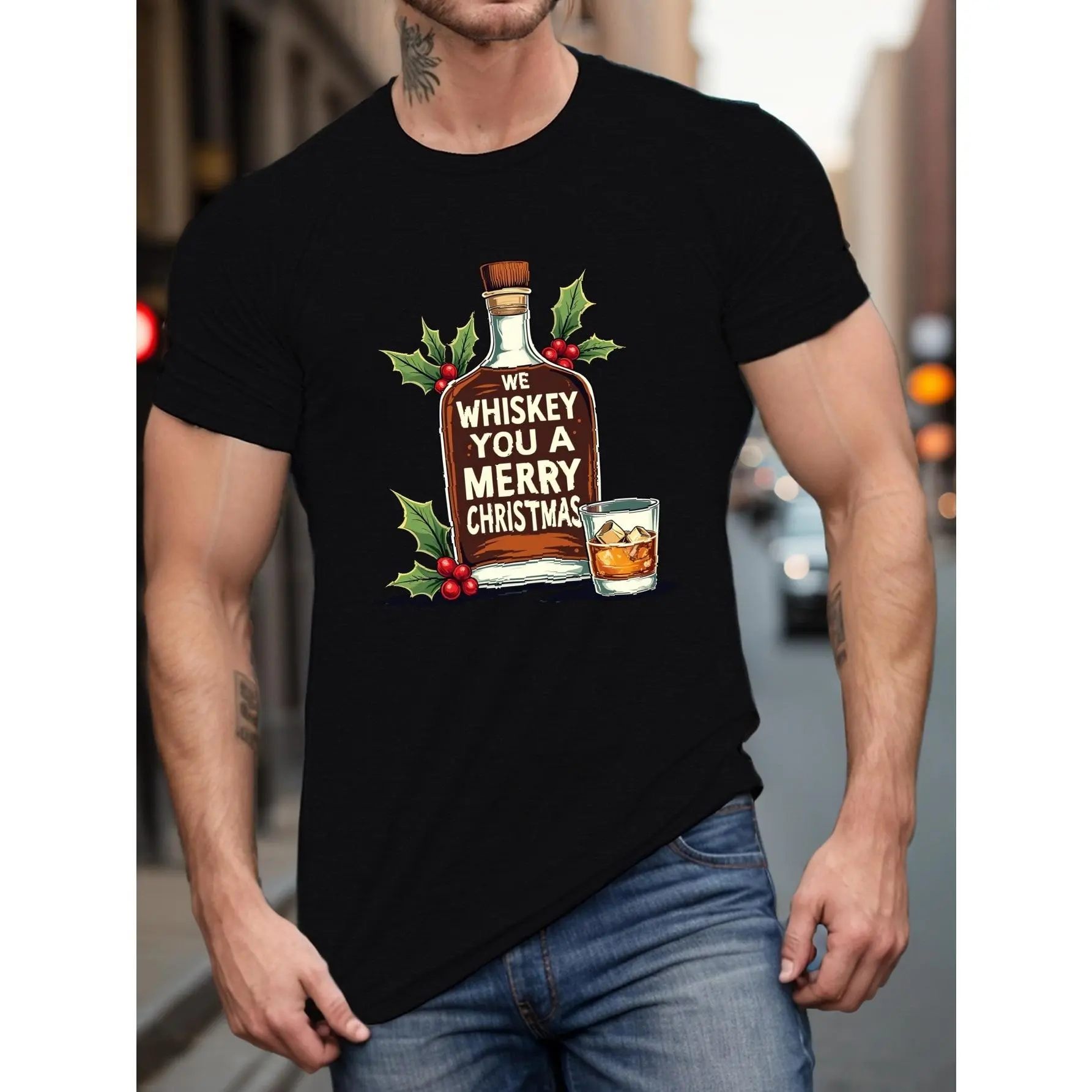 Men's Plus Size Customized Christmas Graphic Art T-Shirt - 100% Cotton Casual Loose Waffle Knit Short Sleeve Top, Foldable Streetwear Tee for Big & Tall Guys, Classic Menswear