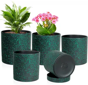 5 Pack Cylinder Flower Pots 7/6.5/6/5/4 inch Plant Pot Indoor Outdoor Plants, Plastic Planters with Drainage Holes and Saucer for Garden Succulent Plants