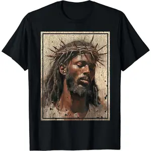 Faith-Inspired Jesus Tee - Black Jesus Image with Crown Of Thorns & Cross