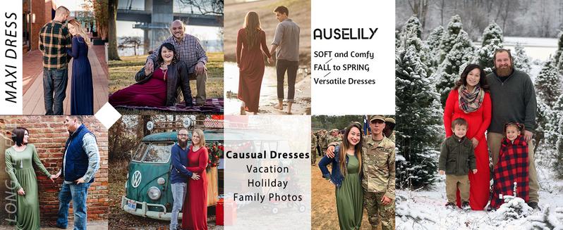 AUSELILY 2025 Fall Women Long Sleeve Loose Round Neck Maxi Dresses Casual Long Dresses with Pockets Christmas Dress