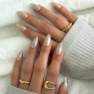Luxury Silver Pearl Chrome Nails | Almond Shape Nude Base Textured Wavy Chrome French Tip 3D Silver Pearl Bubble Accent - Glue-Free Reusable Durable High-Shine Glam Press Ons