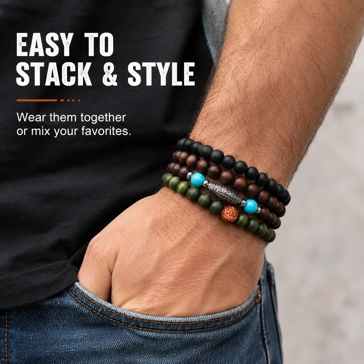 Men's 6-Piece Adjustable Stack Bracelets Set - Wooden Beads with Blue-Green Accents, Stretch Bangles for Layered Everyday Wear Fashion Accessory