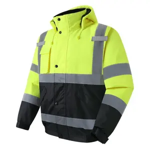 Men's high visibility reflective jacket, waterproof safety jacket with pockets, high visibility yellow jacket with black base, men's architectural jacket in cold weather