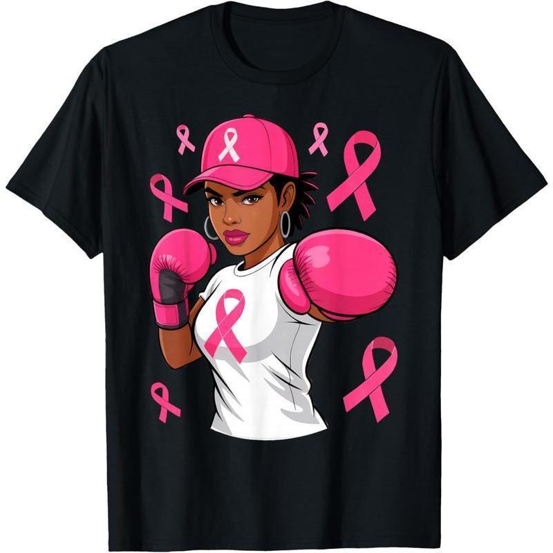 Women's Fight Theme Cotton Short Sleeve Graphic Campaign Tee - Round Neck, Unisex Fit, Pink Ribbon Breast Cancer Awareness, Casual Shirts for Women, Various Sizes, Comfortable Tops