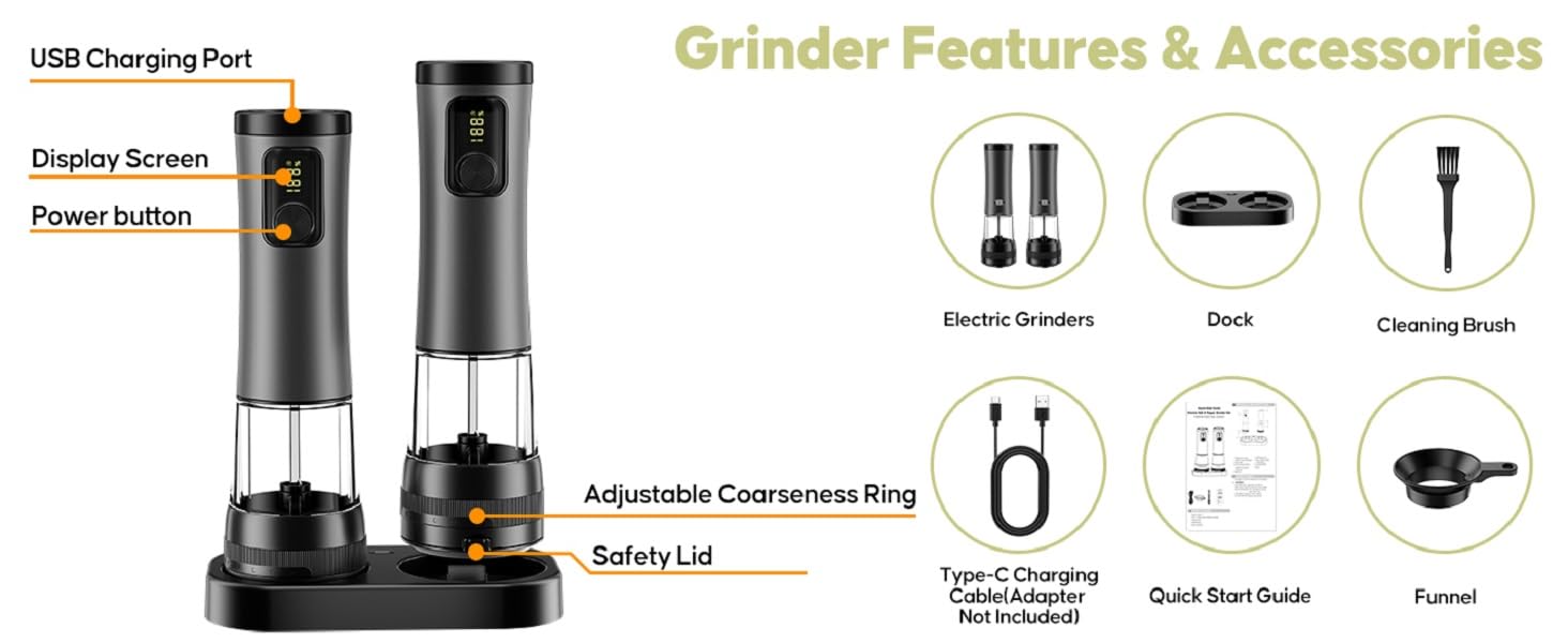 Automatic Pepper Grinder with Storage Base Electric Salt and Pepper Grinder Set Rechargeable Salt Mill with LED Power Display with Kitchen Light