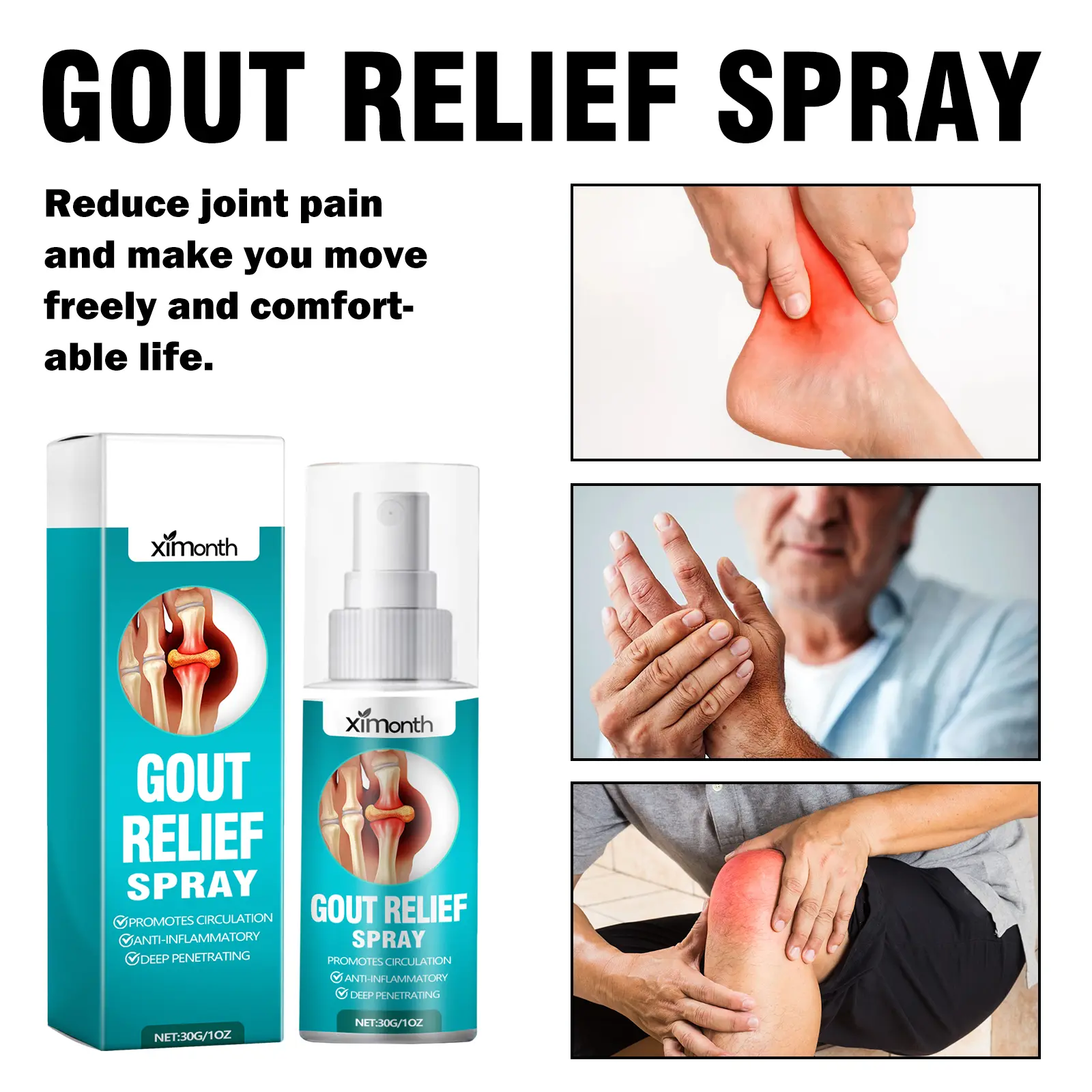 Ximonth Gout Relief Spray, Relieve Lumbar Joint Muscle Knee Soreness Activating Muscles And Bone Health Care  Joint & Muscle Soreness Relief for Lumbar & Knee, Musculoskeletal Soothing Body Care Spray