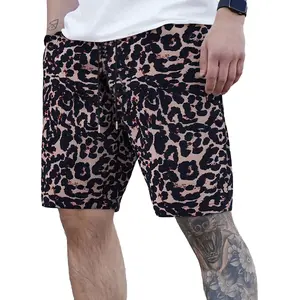 Retro leopard print full print shorts men, trendy casual pants, summer street style straight pants