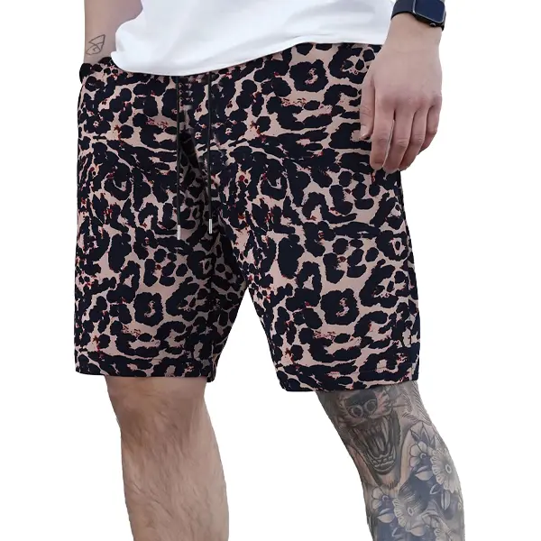 Retro leopard print full print shorts men, trendy casual pants, summer street style straight pants