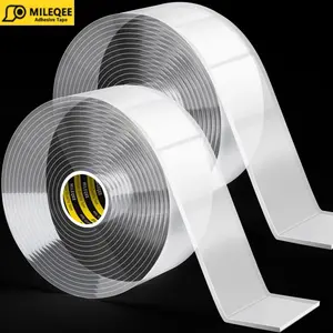 MILEQEE 2 Packs Double Sided Tape Heavy Duty Mounting Tape Clear Strong Adhesive Strips Reusable Transparent Tape for Home Office School  Shops Deco 1.18 x 9.84FT（2 Packs）