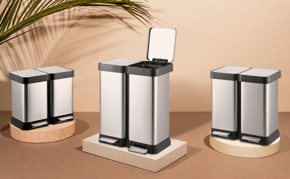 【GARVEE】13 Gallon (2x25L) Step-Open Dual Trash and Recycling Bin with Soft-Close Lid, Fingerprint Proof Stainless Steel, Modern Minimalistic Design for Home, Kitchen, Laundry, Office, Bedroom, Bathroom, No Inner Bucket