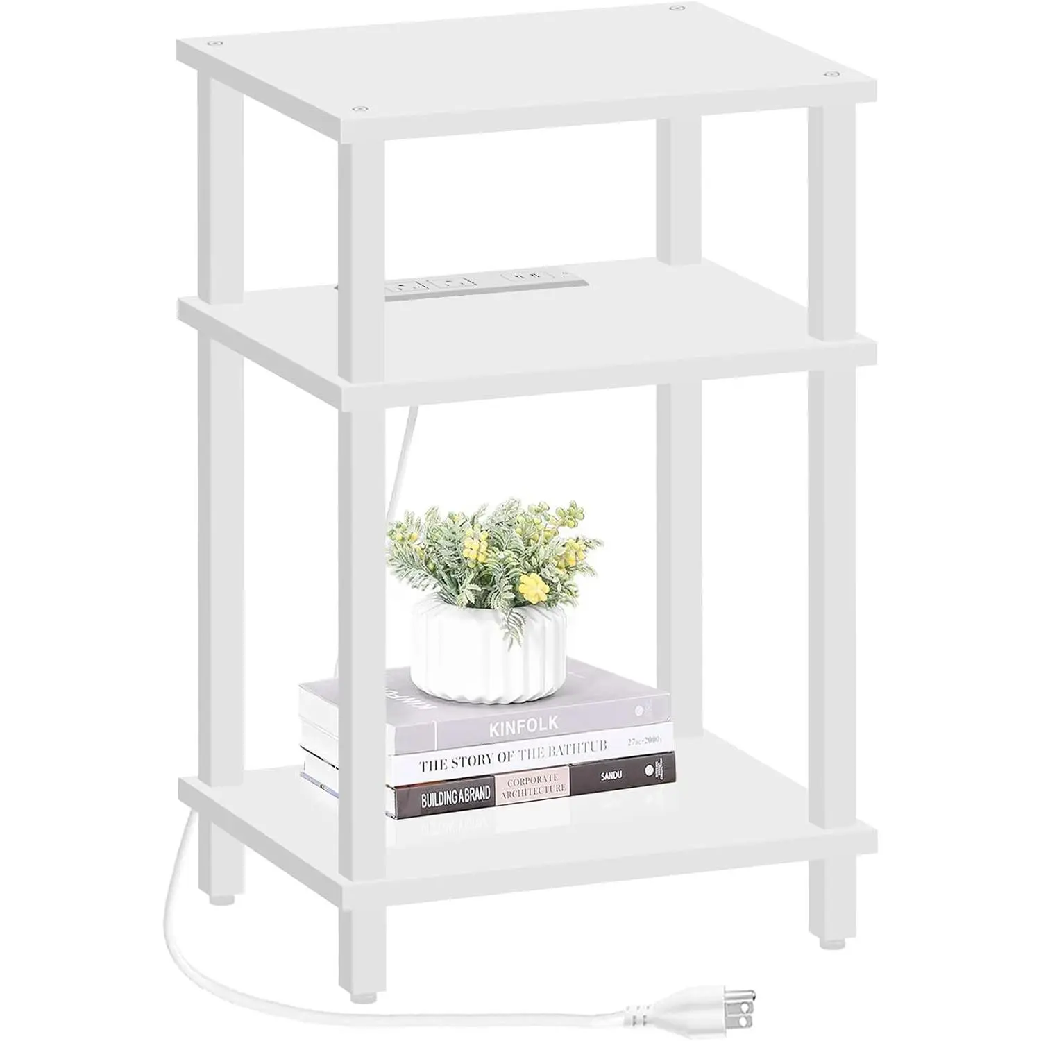 Synthetic 3-Tier Storage End Table with USB Ports and Plug-In Station, Space-Saving Side Table Nightstand for Small Spaces TB01BW042, With Plug