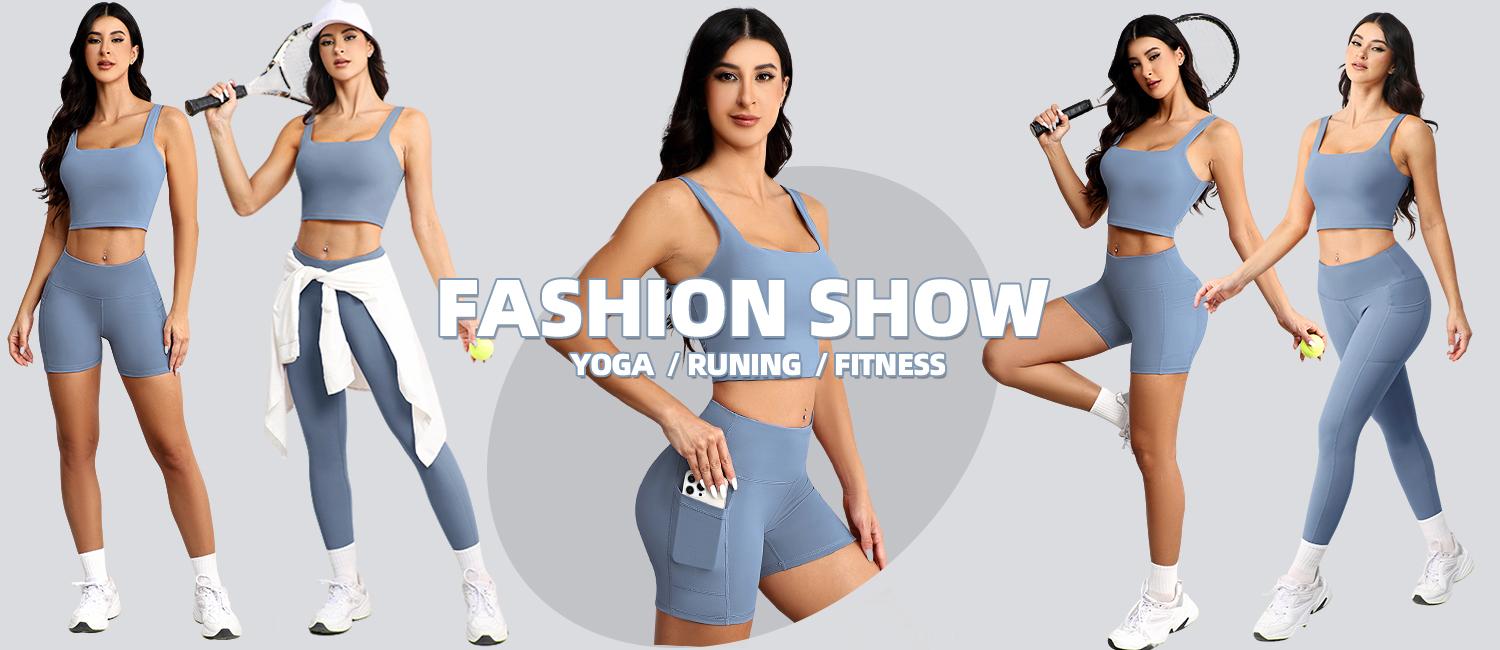 CHRLEISURE 3 Piece Workout Sets for Women High Waisted Leggings with Pockets Tummy Control Biker Shorts Yoga Sports Bra