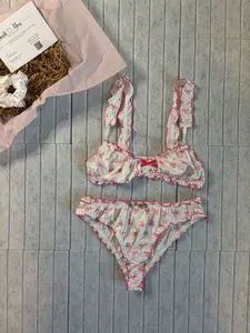 Satin Pink Bows on White Ruffle Bra Panty Lingerie Set l Personalizable, CUSTOM l Women, Special, Sexy, Gift Present l Coquette Cottagecore