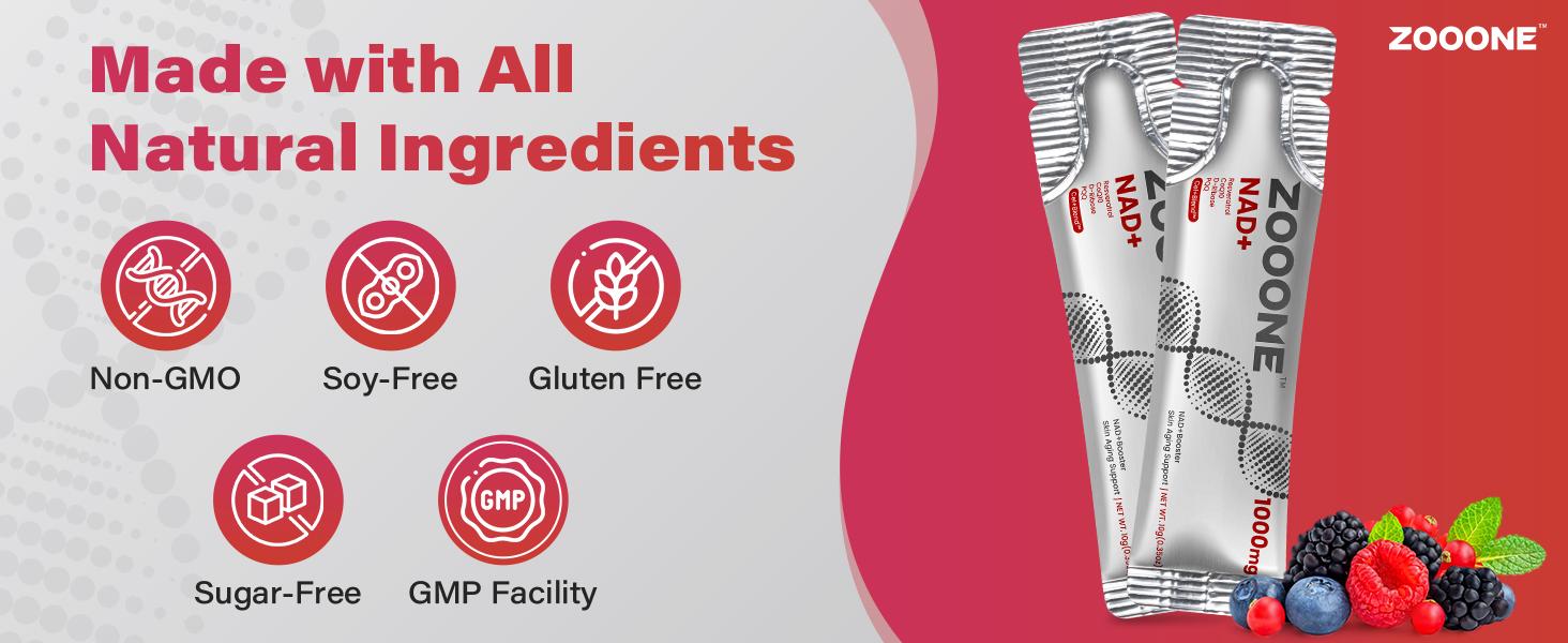 ZOOONE NR1000 - NAD+ Berry Flavor Drink Mix for Skin Aging Support, Energy, and Focus - 30 Pack