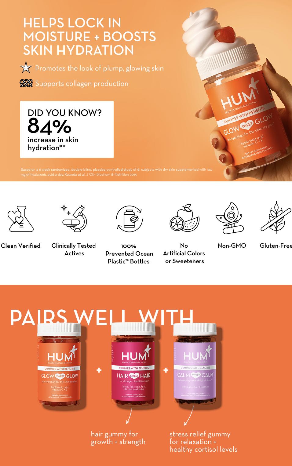 HUM Hyaluronic Glow - Hydrating Skin Supplements to Support Collagen Production, Antioxidant-Rich Vitamin C & E for Glowing, Radiant Skin (60 Count)