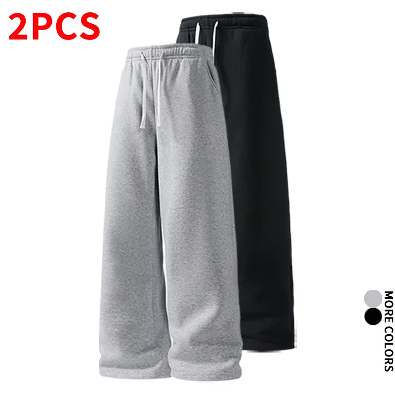 Two-pack solid-color knit wide-leg sweatpants with drawstring, elastic waistband, and a fluid drape; straight-cut athletic long pants for home, commuting, and casual wear.