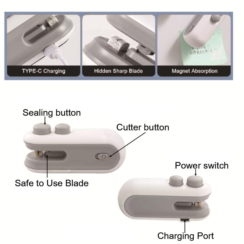 Mini Bag Sealer, 2025 Upgrade 2 in 1 Magnetic Food Sealer, Small 2 in 1 Rechargeable Magnetic Snack Sealer Household Mini, Heat Sealer with Cutter USB Rechargeable for Kitchen