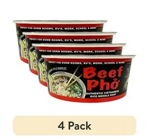 (4 pack) Pholicious Instant Beef Pho, Vietnamese Rice Noodle Soup, Single Serve 3.6 Ounce Bowls, Ramen Alternative & Fresh Ingredients, As Seen on Shark Tank