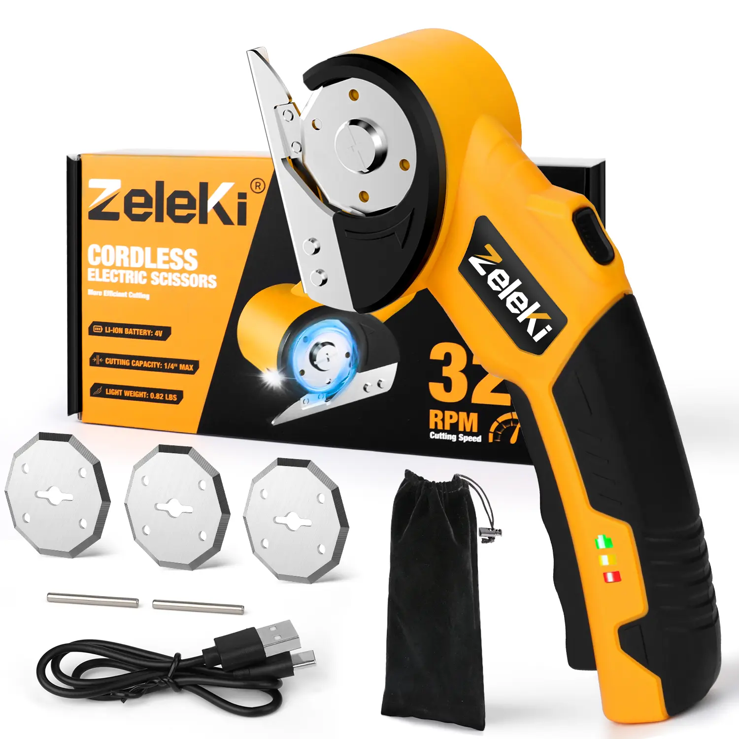 ‎Zeleki Cordless Electric Scissors 4V Rechargeable Cardboard Cutter Heavy Duty Scissor with Safety Lock & LED Light for Box Carpet Plastic Fabric (Yellow&Pink/Bag)