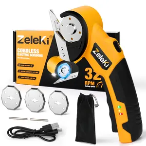 ‎Zeleki Cordless Electric Scissors 4V Rechargeable Cardboard Cutter Heavy Duty Scissor with Safety Lock & LED Light for Box Carpet Plastic Fabric (Yellow&Pink/Bag)