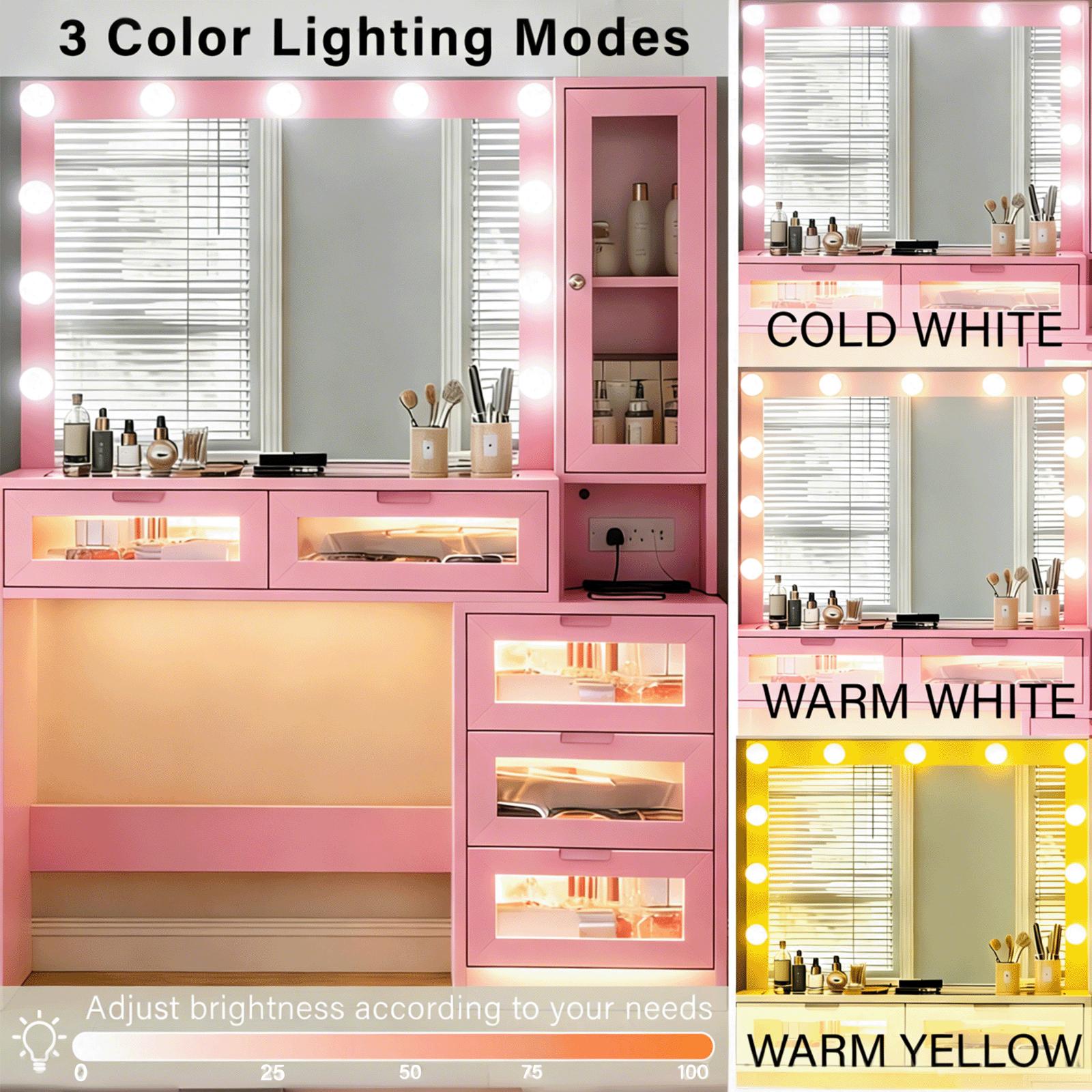 CollaredEagle Lighted Vanity Table - Modern LED Dresser, 11 LED Lights with 3 Adjustable Modes, 5 Transparent Glass Drawers, Glass Countertops, Power Outlets Equipped Makeup Vanity