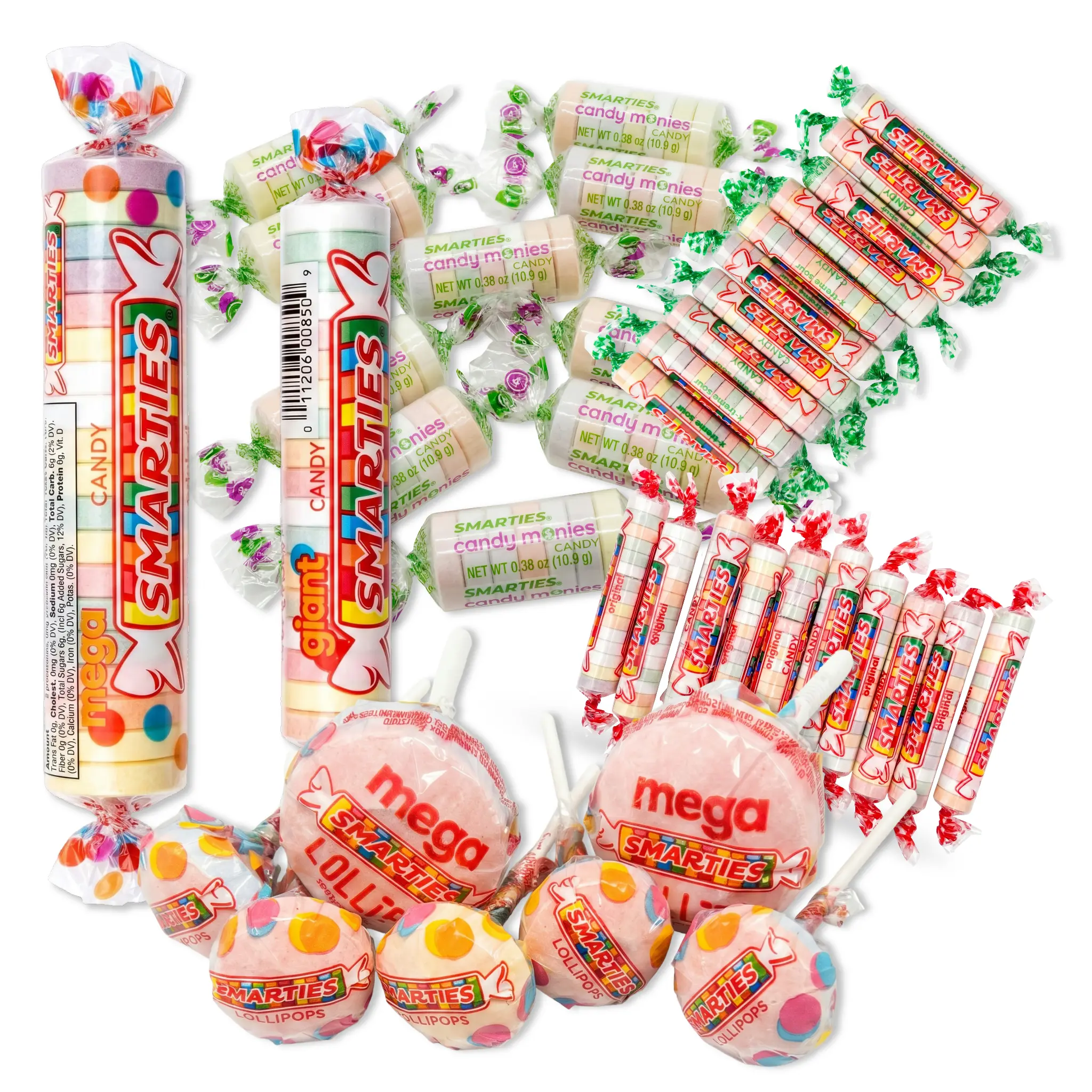 Smarties Candy Ultimate Variety Pack includes Mega Roll, Giant Roll, Mega Lollipops, Lollipops, Monies, Sour Rolls and Regular Rolls