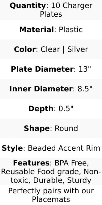 10-Pack Economy Round Plastic Charger Plates 13" in Clear with Silver Beaded Rim, Stylish Dinner Party Serving Plates