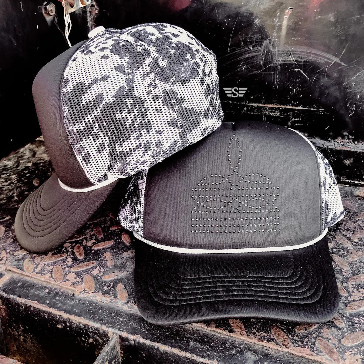 Rhinestone Boot Stitch Printed Mesh Trucker Cap