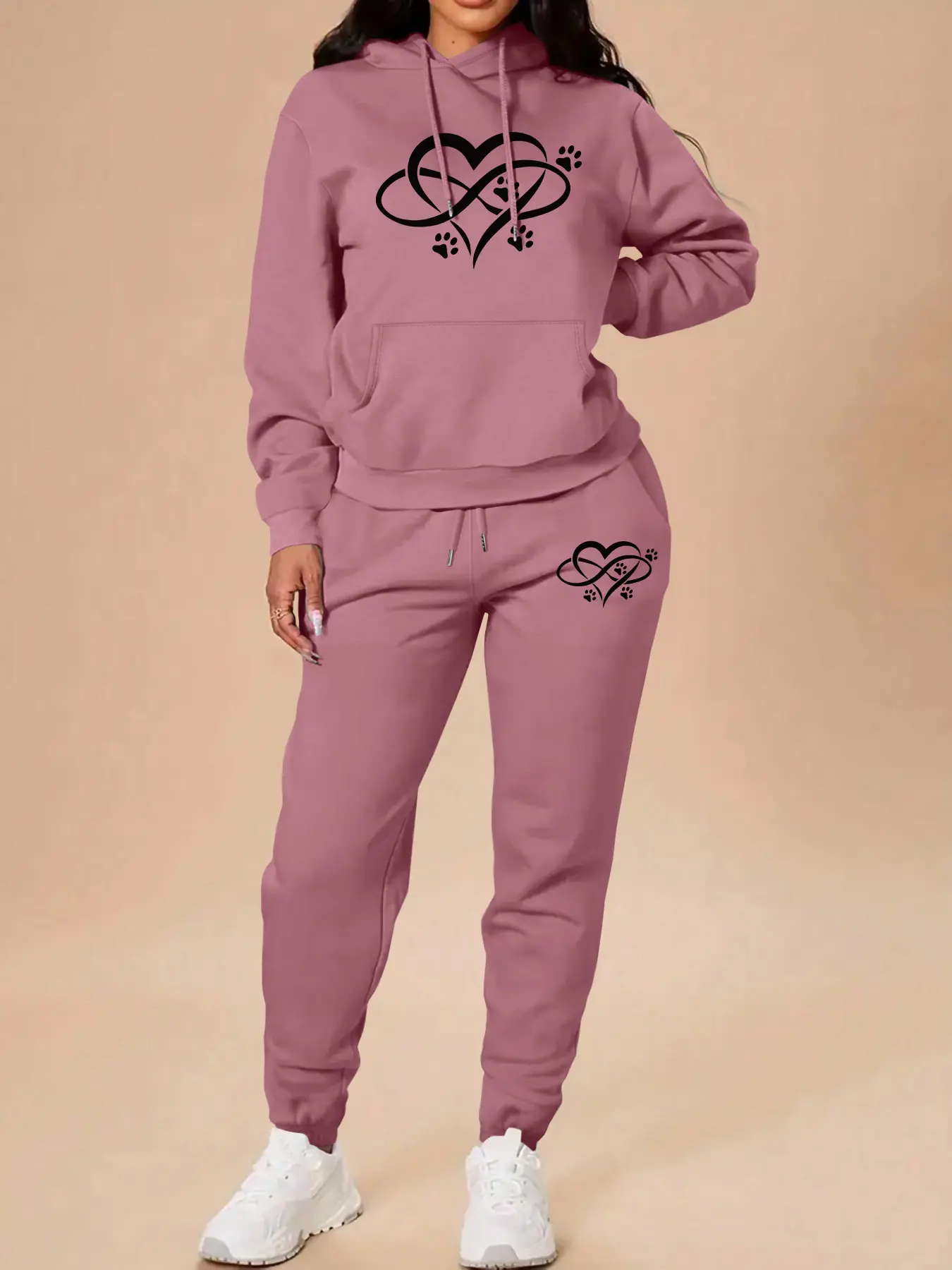 Valentine's Day Fall Winter Casual Heart Print Hooded Sweatshirt Set, Sweatsuits Set Outfit, Long Sleeve Pants, Home & Outdoor Sportswear, Multiple Colors