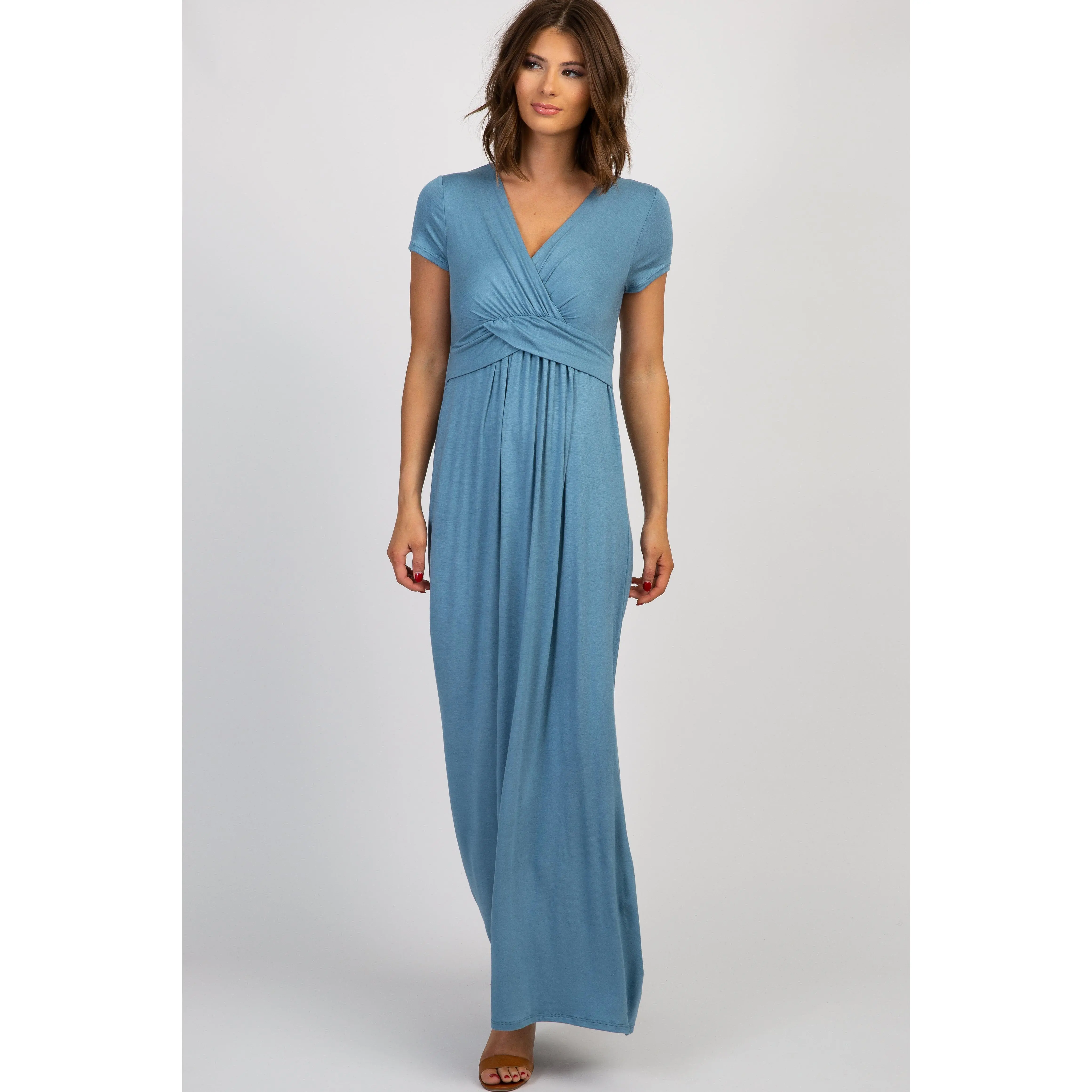 PinkBlush Blue Draped Nursing Maxi Dress, Nursing Friendly Clothes, Maternity Nursing Dress