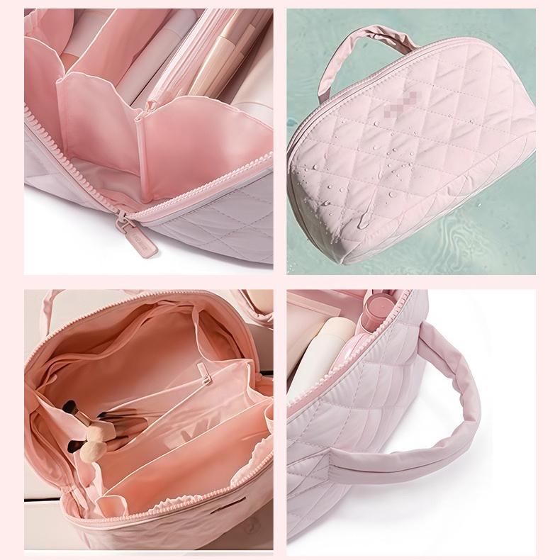 Travel Makeup Bag for Women - 180° Lay-Flat Large Puffy Cosmetic Organizer with 5 Compartments, Machine Washable Puff Bag, Ideal Gift for Her