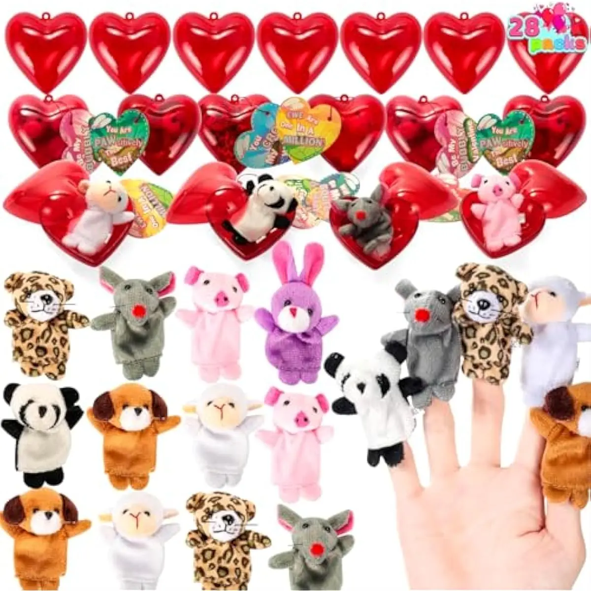 28 Packs Valentines Day Plush Animal Finger Puppets with Prefilled Hearts and Cards for Kids, Valentine Classroom Exchange Gift, Party Favors, Game Prizes
