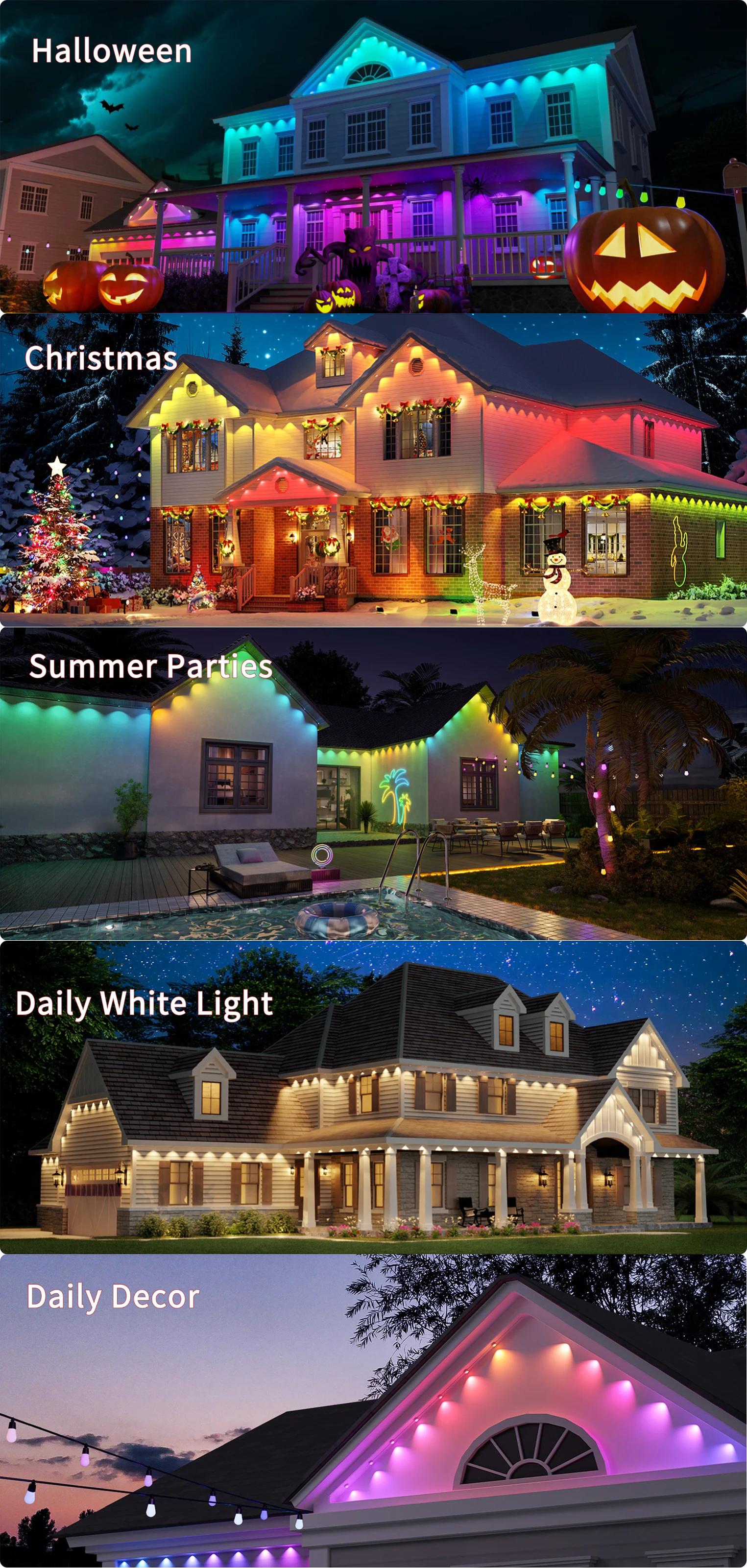 Lepro AI Permanent Outdoor Lights E1-60 100ft with 60 Triple-LED Smart RGBIC+Warm/Cool White Waterproof Lighting Themes APP Control Alexa Google Enabled