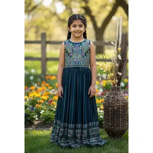 Navy Blue Embroidered Long Gown