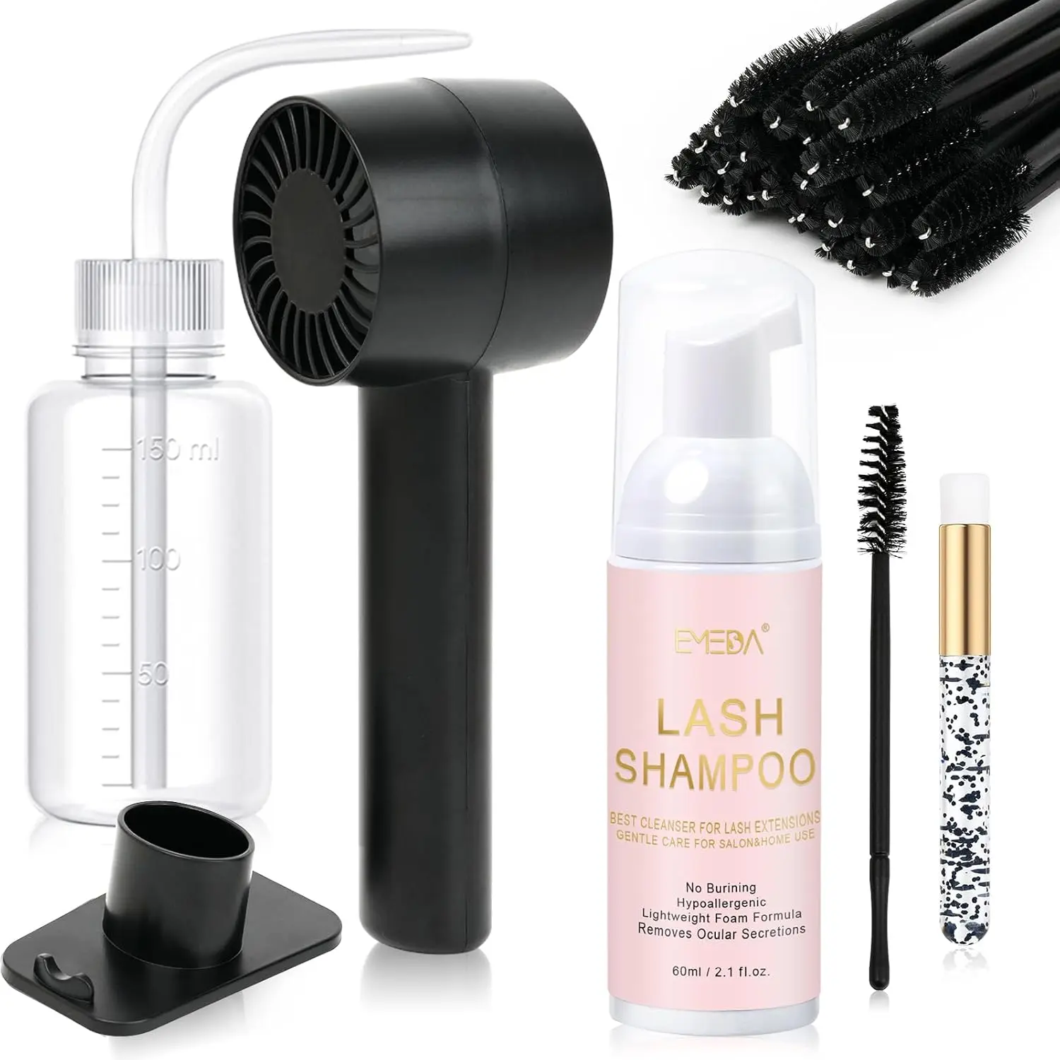 Halloween Fall Gifts  Lash Shampoo Kit 2.02 fl oz Lash Cleaning Kit with Rechargeable Fan Dryer/Brush/Rinse Bottle, Oil-free Cleanser Wash for Extensions & Clusters & Natural