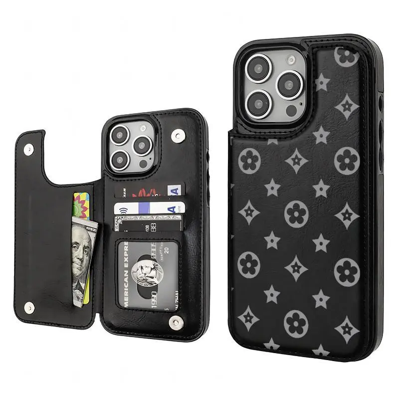 Luxury Floral Print PU Leather Phone Case for iPhone 17/16/15/14/13 Pro Max Plus - High-Quality Black Smartphone/Cellphone Devices Casing, Credit Card Holder Wallet, Shockproof Anti-Drop Full Protection Accessories 310, Cover, Protective