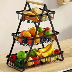 1 Piece Of 3-Layer Metal Countertop Fruit Basket With Detachable Wooden Handle - A Sturdy Kitchen Storage Organizer For Fresh Produce, Bread, And Snacks - Perfect For Home And Kitchen Display, Kitchen Fruit Basket,