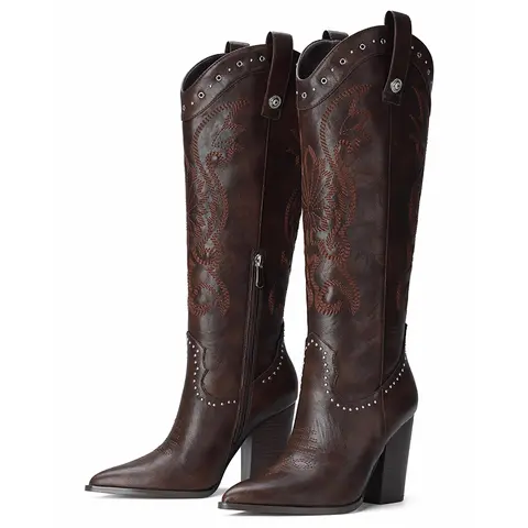 EROCALLI Women's Studded Chic Cowboy Boots - 9.5cm Chunky Heel, Pointed Toe, Rubber Sole, Black Embroidery Design, Minimalist Mid-Calf (Above the Ankle But Below the Knee) Classic Western Footwear, Ideal for Dress, Wedding Wear
