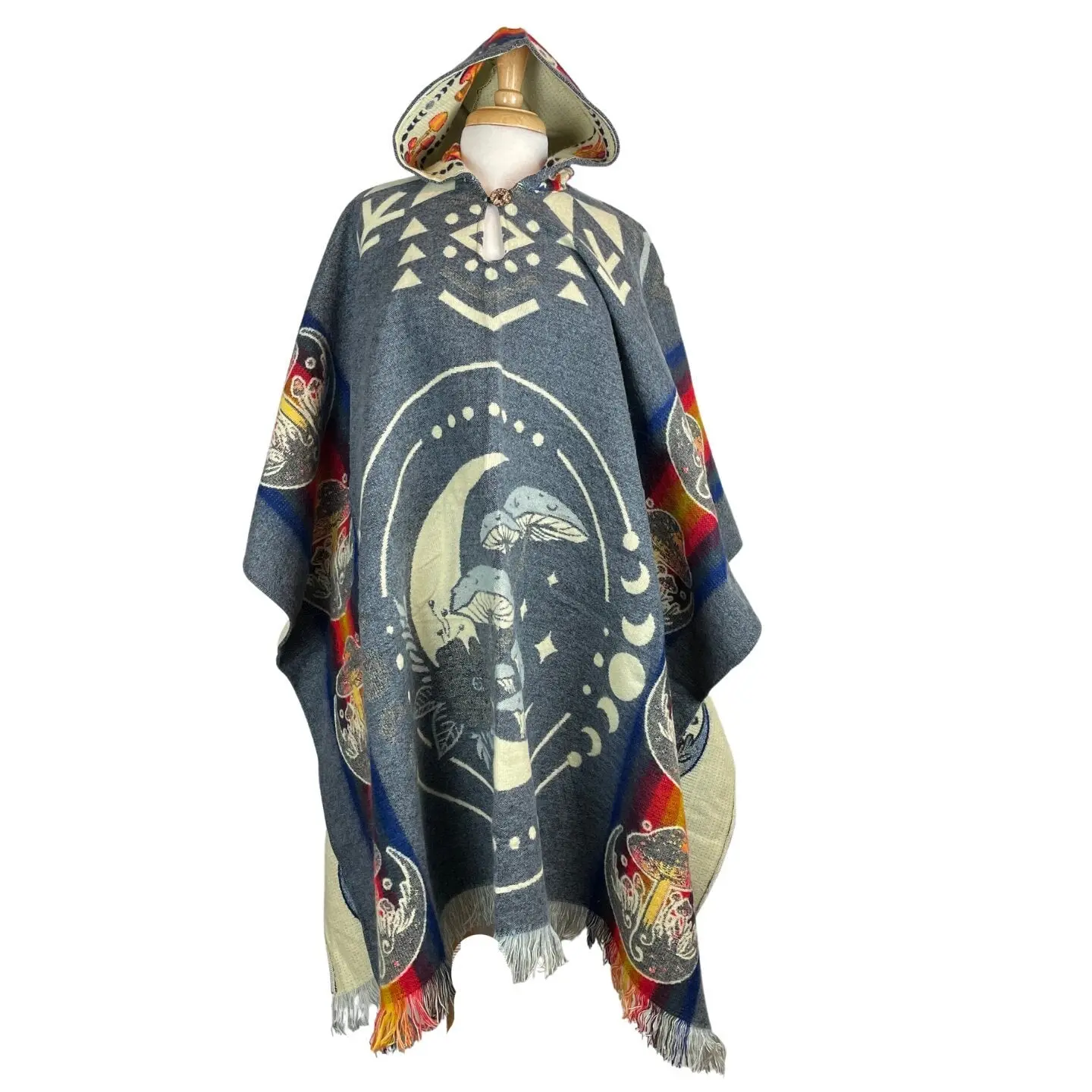 Mushrooms & Moon Phases Alpaca Poncho | Black - Purple - Teal - Navy