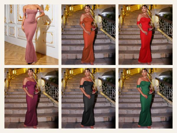 CurvySweet Women's Off The Shoulder Bodycon Corset Ruched Mesh Maxi Dress Built-in Bra Fall Cocktail Wedding Guest Dresses