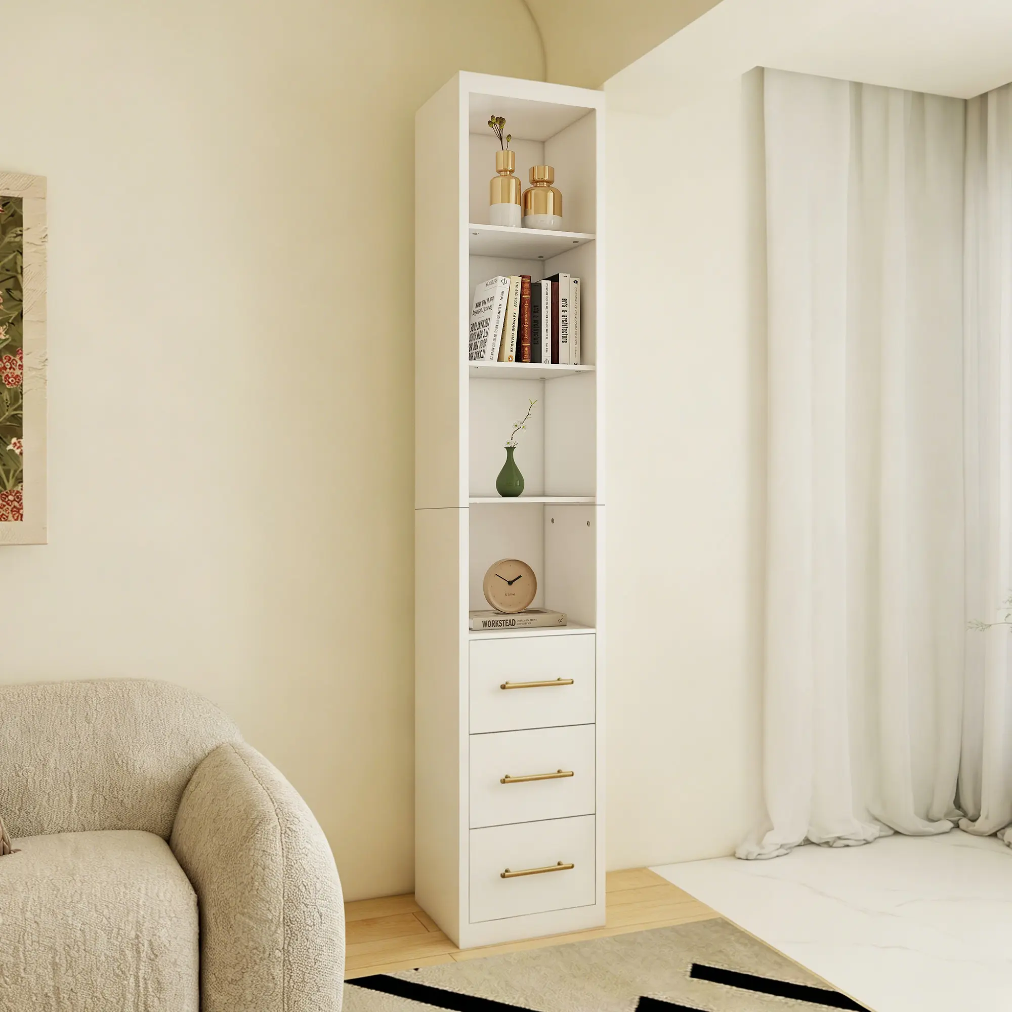 85" Tall Storage Cabinet with 3 Drawers & 4 Shelves, White Slim Side Cabinet for Bedroom Living Room Bathroom Narrow Spaces, No More Cluttered Floors