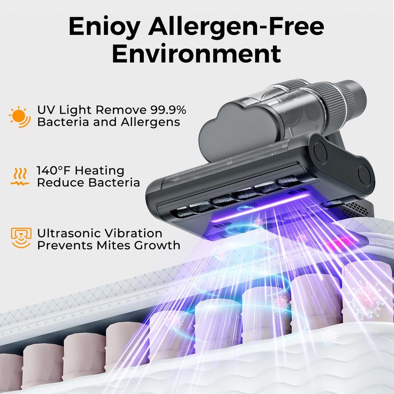 Mattress Vacuum Cleaner for Dust Mites Removal, Handheld Vacuum with UV-C Light & Safe-Temp 140℉ Heat & 20Kpa Powerful Suction & Triple-Cup & Aroma Tablet, Bed Vacuum Cleaner for Bed, Sofa, Couch, Carpet, Pet