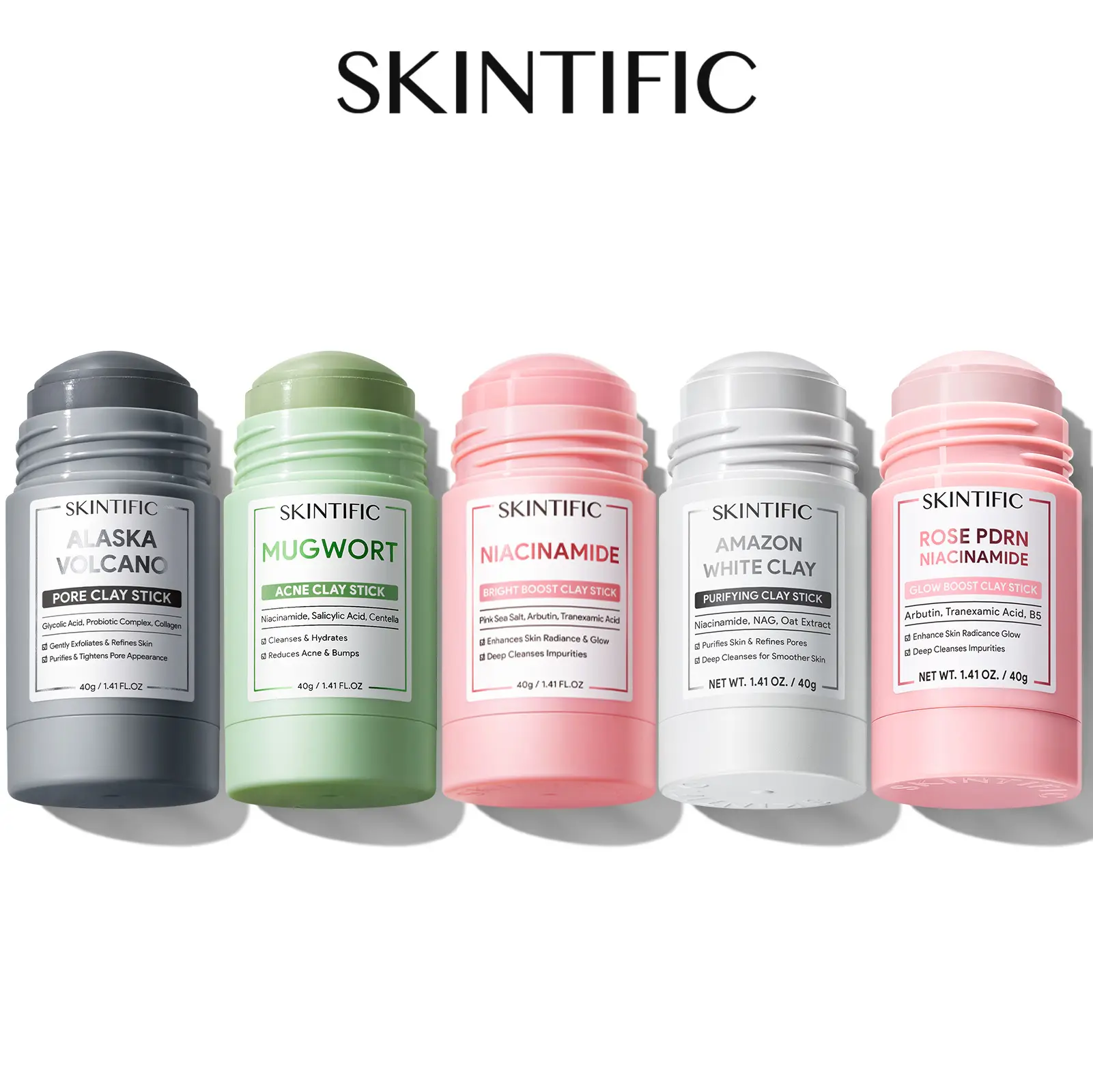 SKINTIFIC Clay Stick Collection 5 Masks for Every Skin Concern - Alaska Volcano Clay Stick / Mugwort Anti Pores & Acne Clay Stick / Niacinamide Bright Boost Clay Stick / Amazon White purifying Clay Stick / PDRN Rose Clay Stick