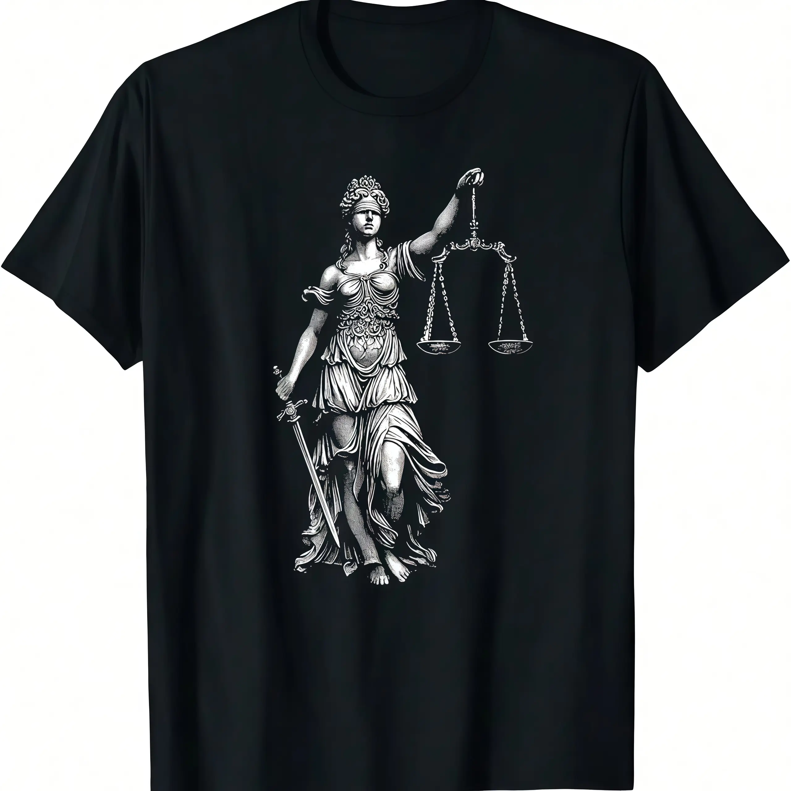 Greek Goddess Themis Lady Justice T-Shirt, Attorney Law Student Graphic Black Short Sleeve Shirt, Unisex Casual Gift For Lawyers